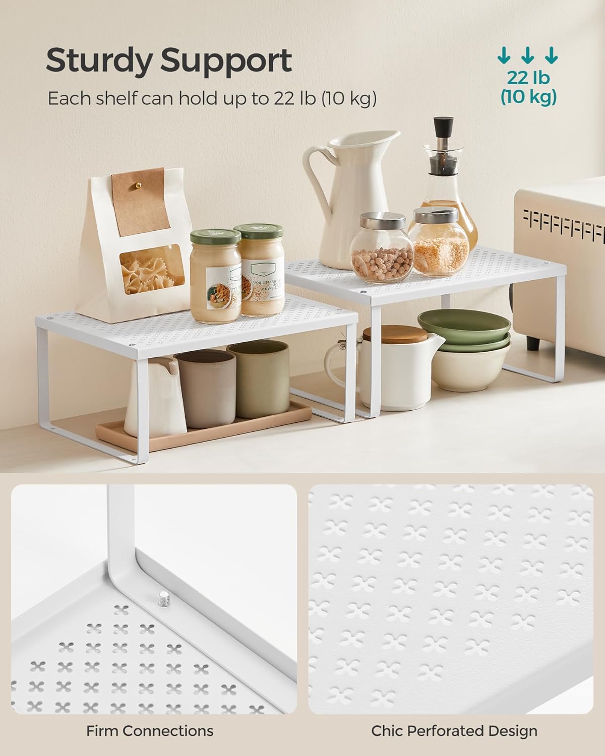 SONGMICS Set 2 rafturi de bucatarie suprapozabile, pentru ustensile sau condimente, 32x23x15 cm, alb - imagine 7