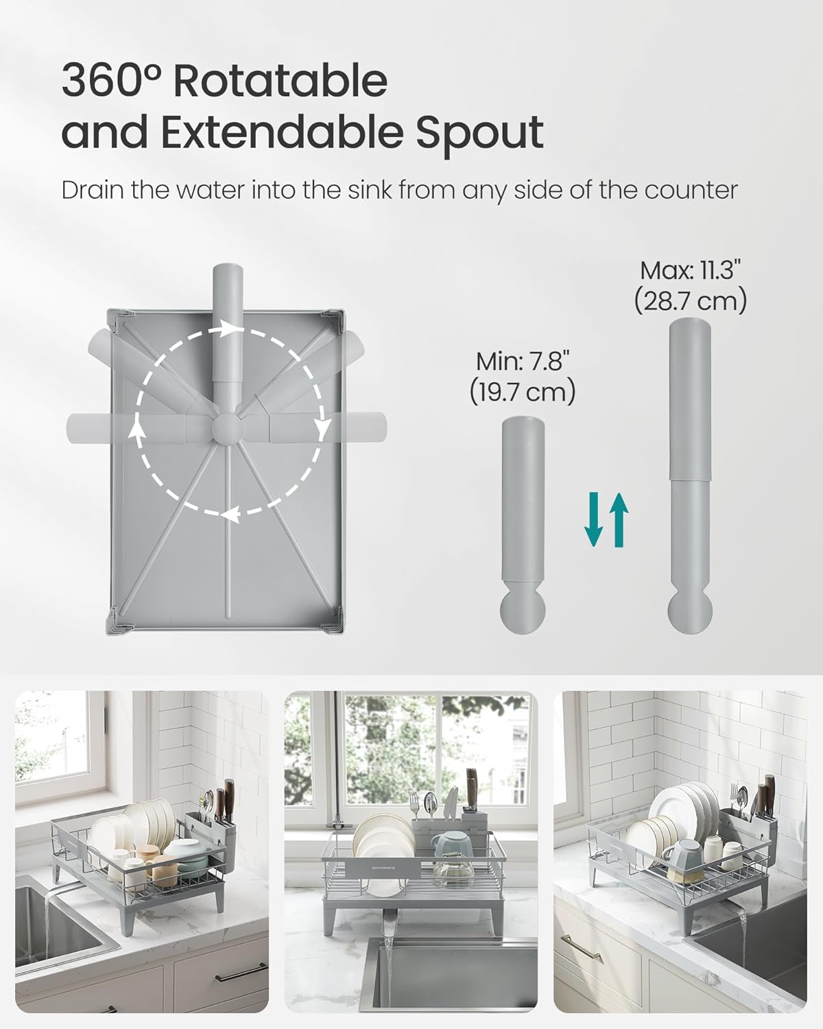 SONGMICS Suport vase metalic, cu tava si scurgere mobila direct in chiuveta, 31x42x19 cm, gri - imagine 2