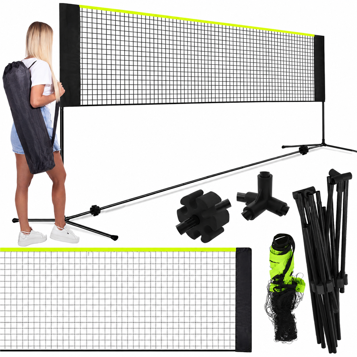 Set fileu badminton cu suport metalic si husa transport, instalare rapida, 400x200 cm, negru si verde neon - imagine 3