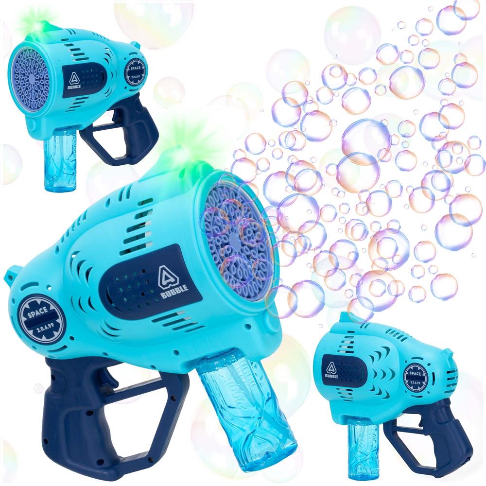 Pistol automat pentru baloane de sapun cu LED, acumulator inclus reincarcabil, 57 orificii, 24x24 cm, albastru - imagine 2