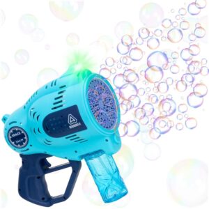 Pistol automat pentru baloane de sapun cu LED, acumulator inclus reincarcabil, 57 orificii, 24x24 cm, albastru