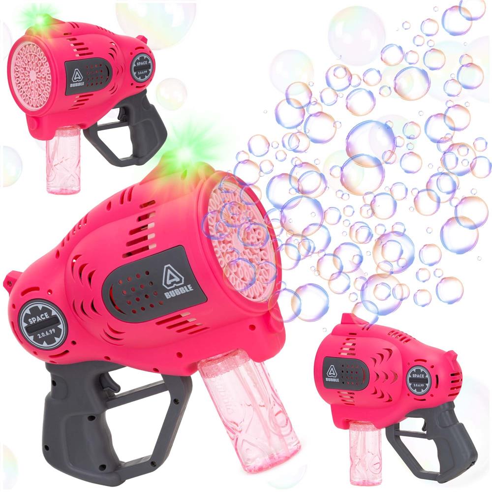 Pistol automat pentru baloane de sapun cu LED, acumulator inclus reincarcabil, 57 orificii, 24x24 cm, roz - imagine 2