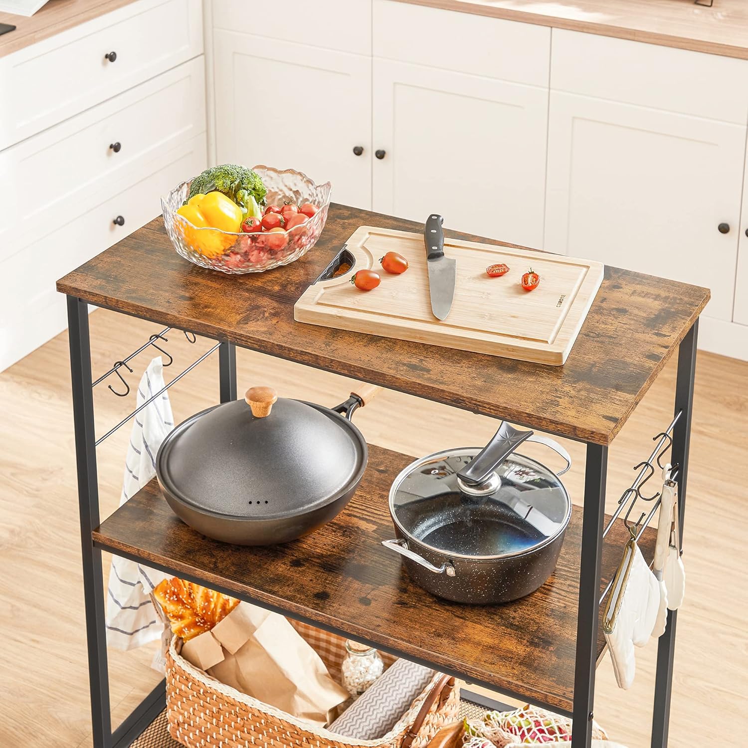 VASAGLE Raft bucatarie multifunctional, cadru metalic, 3 polite, stil industrial, 80x40x90 cm, maro rustic - imagine 4
