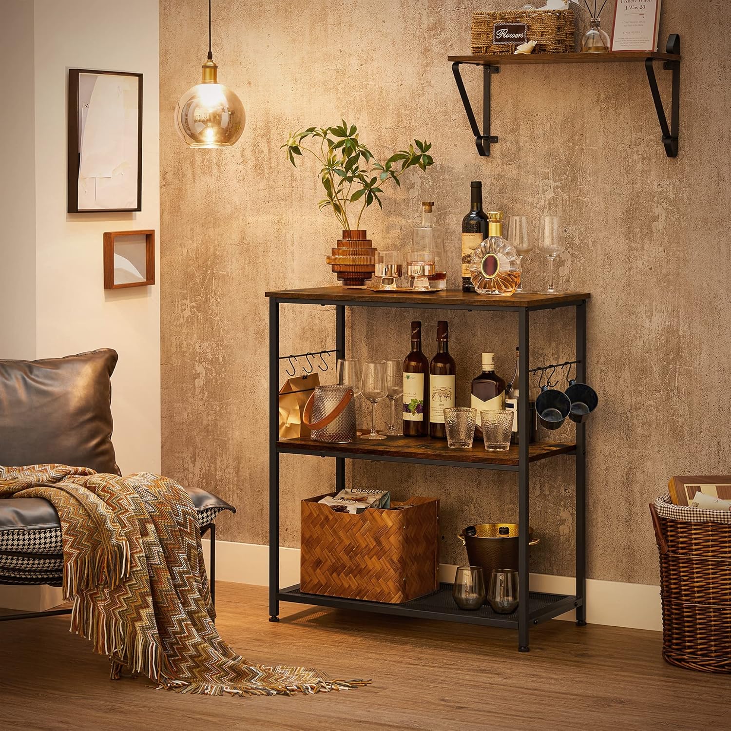 VASAGLE Raft bucatarie multifunctional, cadru metalic, 3 polite, stil industrial, 80x40x90 cm, maro rustic - imagine 7