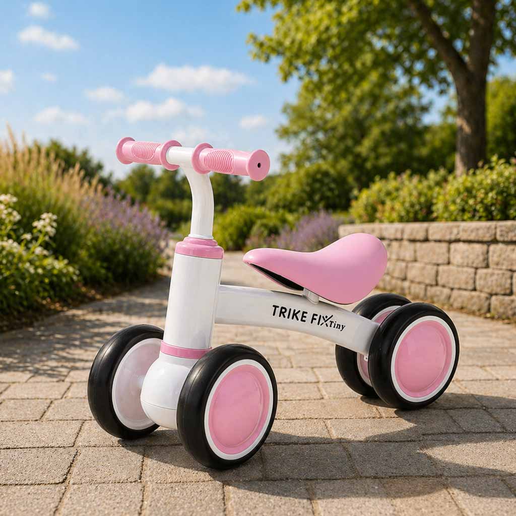 Bicicleta fara pedale pentru copii 4 roti, otel carbon, roti EVA, maxim 30 kg, 54x24x39 cm, roz si alb - imagine 7