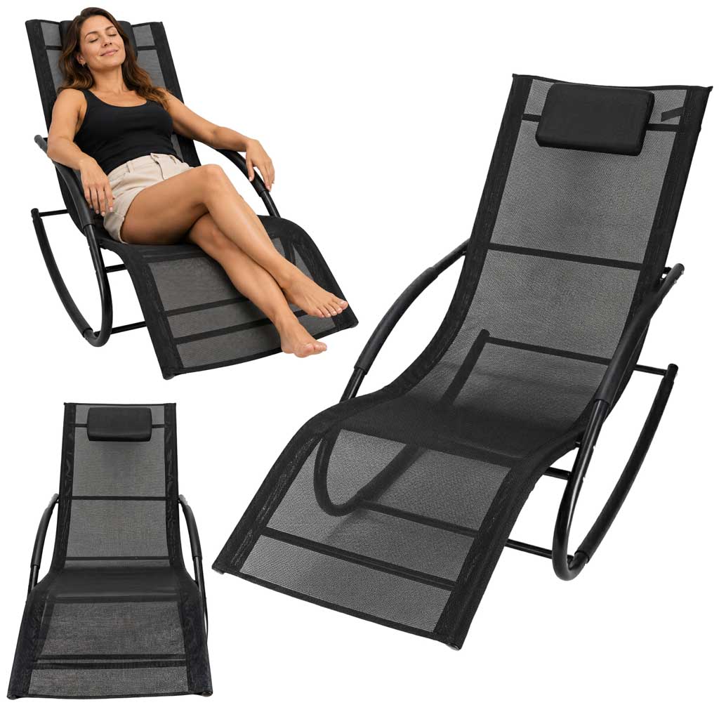 Sezlong balansoar pentru gradina cu tetiera, cadru din otel si plasa textila respirabila, 159x83 cm, negru - imagine 2