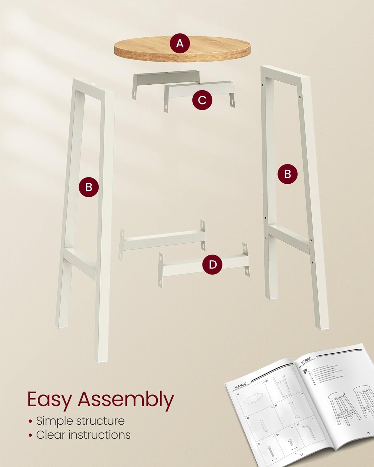 VASAGLE Set 2 scaune bar inalte, sezut rotund, cadru din otel, inaltime 65 cm, stil industrial, stejar bej - imagine 2