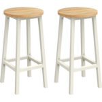 VASAGLE Set 2 scaune bar inalte, sezut rotund, cadru din otel, inaltime 65 cm, stil industrial, stejar bej
