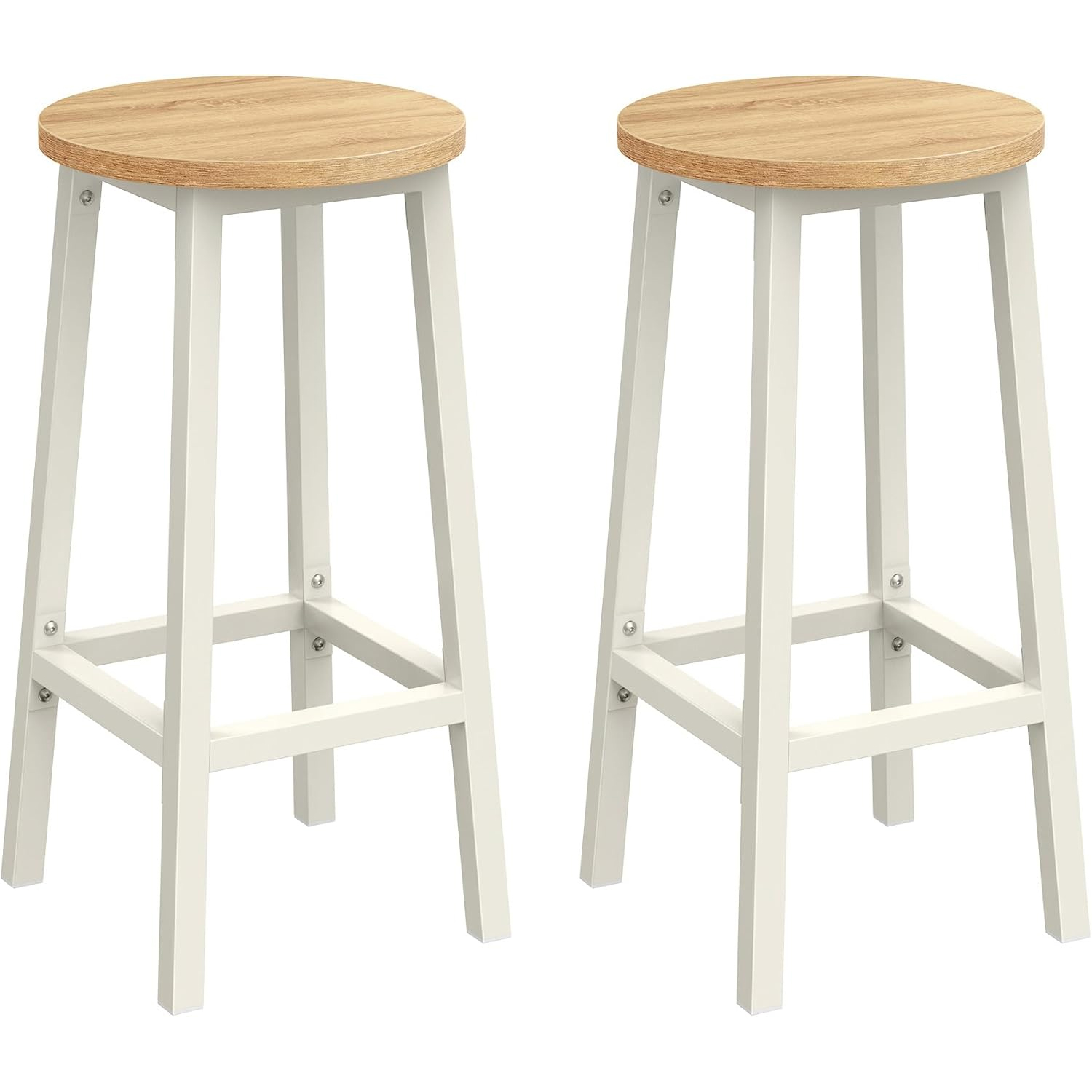 VASAGLE Set 2 scaune bar inalte, sezut rotund, cadru din otel, inaltime 65 cm, stil industrial, stejar bej