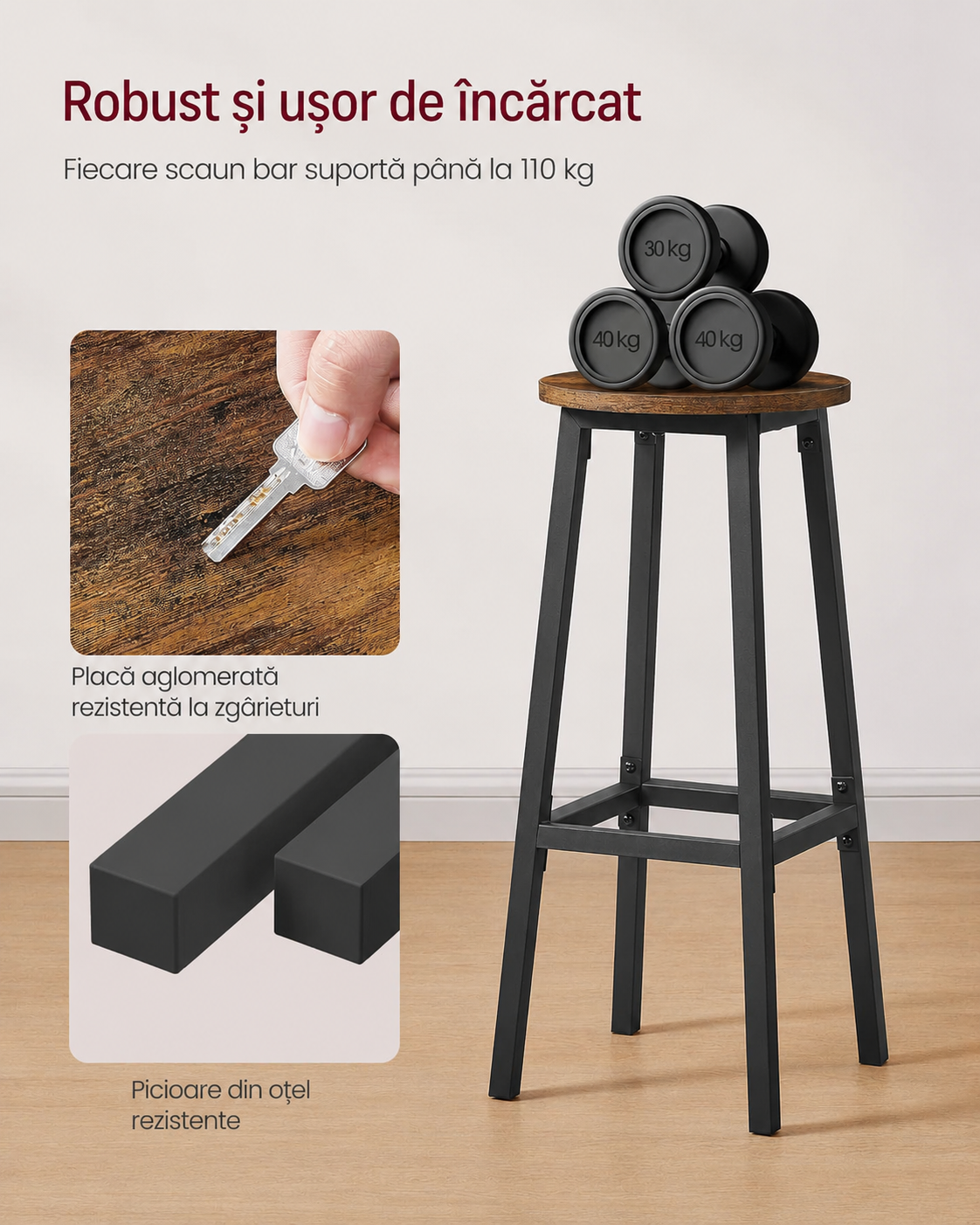 VASAGLE Set 2 scaune bar inalte, sezut rotund, cadru din otel, inaltime 74 cm, stil industrial, maro rustic si negru - imagine 3