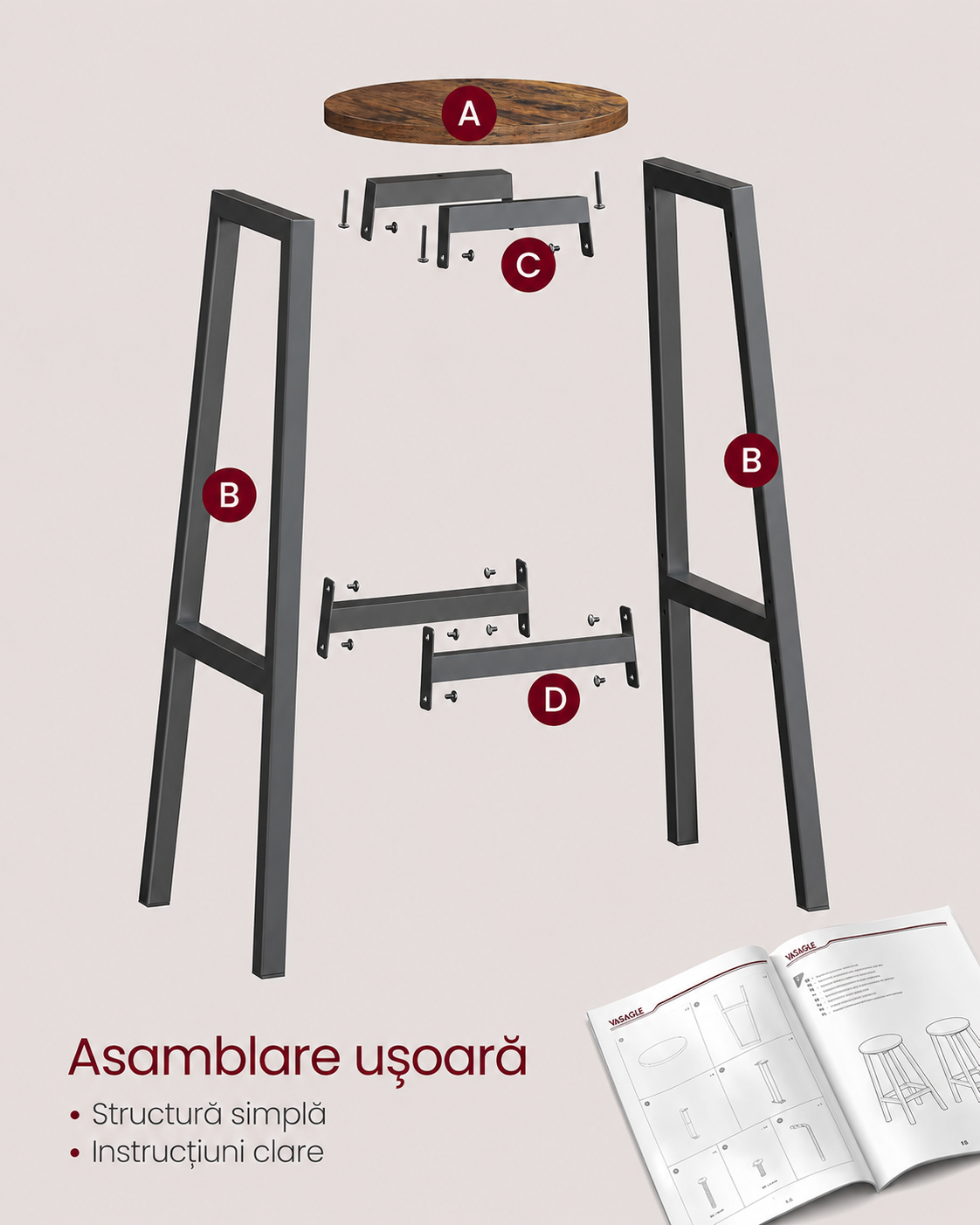 VASAGLE Set 2 scaune bar inalte, sezut rotund, cadru din otel, inaltime 74 cm, stil industrial, maro rustic si negru - imagine 5