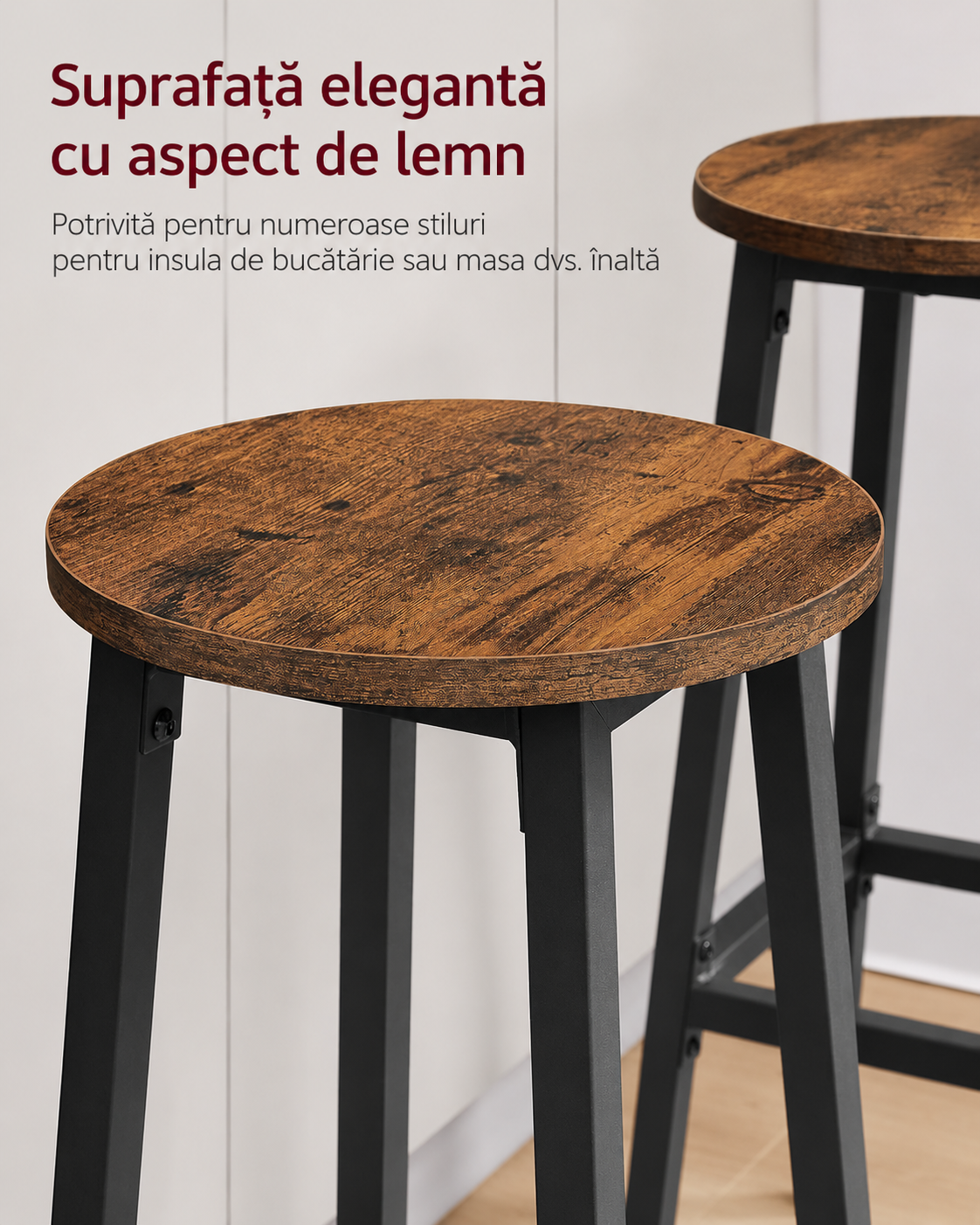 VASAGLE Set 2 scaune bar inalte, sezut rotund, cadru din otel, inaltime 74 cm, stil industrial, maro rustic si negru - imagine 6