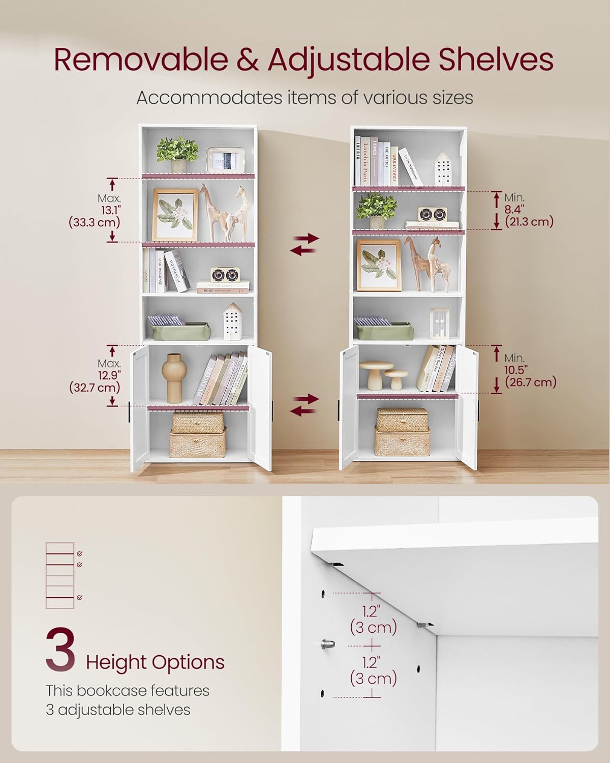 VASAGLE Biblioteca ingusta cu 6 niveluri si dulap, raft pentru carti si decoratiuni, PAL si MDF, 60x24x175 cm, alb - imagine 6