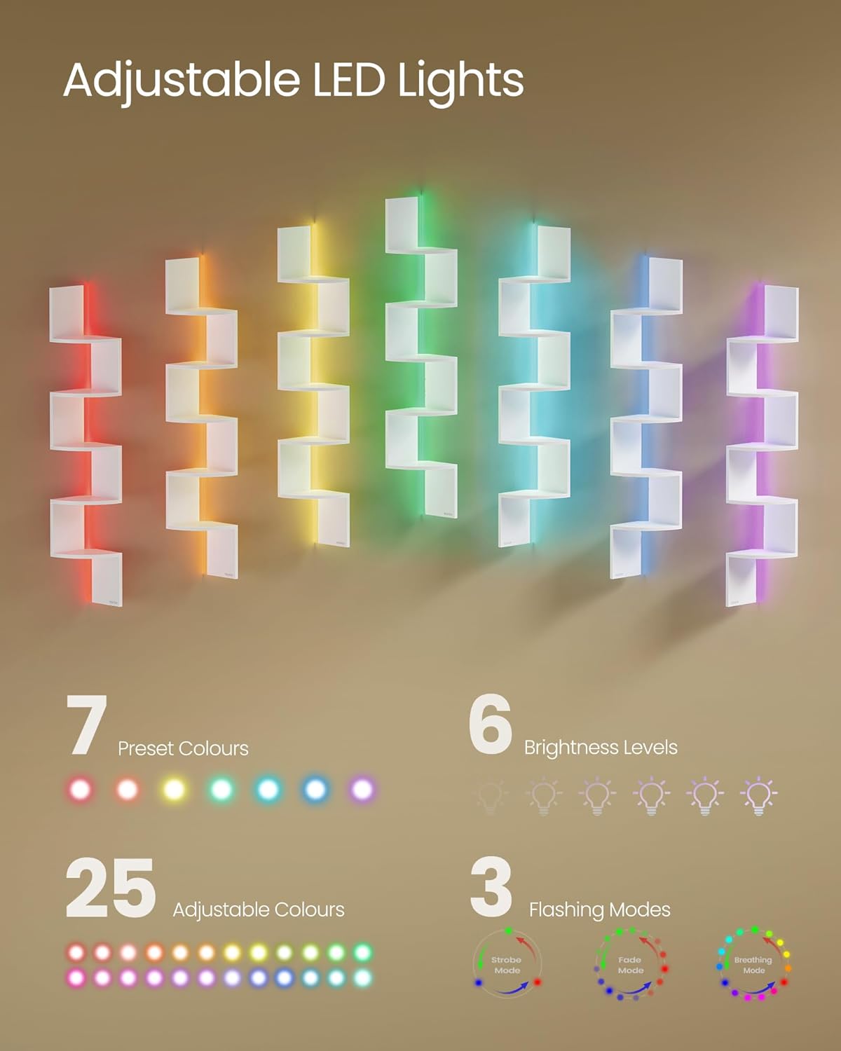 VASAGLE Raft de colt suspendat cu iluminare LED reglabila multicolor si intensitate, 5 polite tip zig-zag, 20x20x126 cm, alb - imagine 6