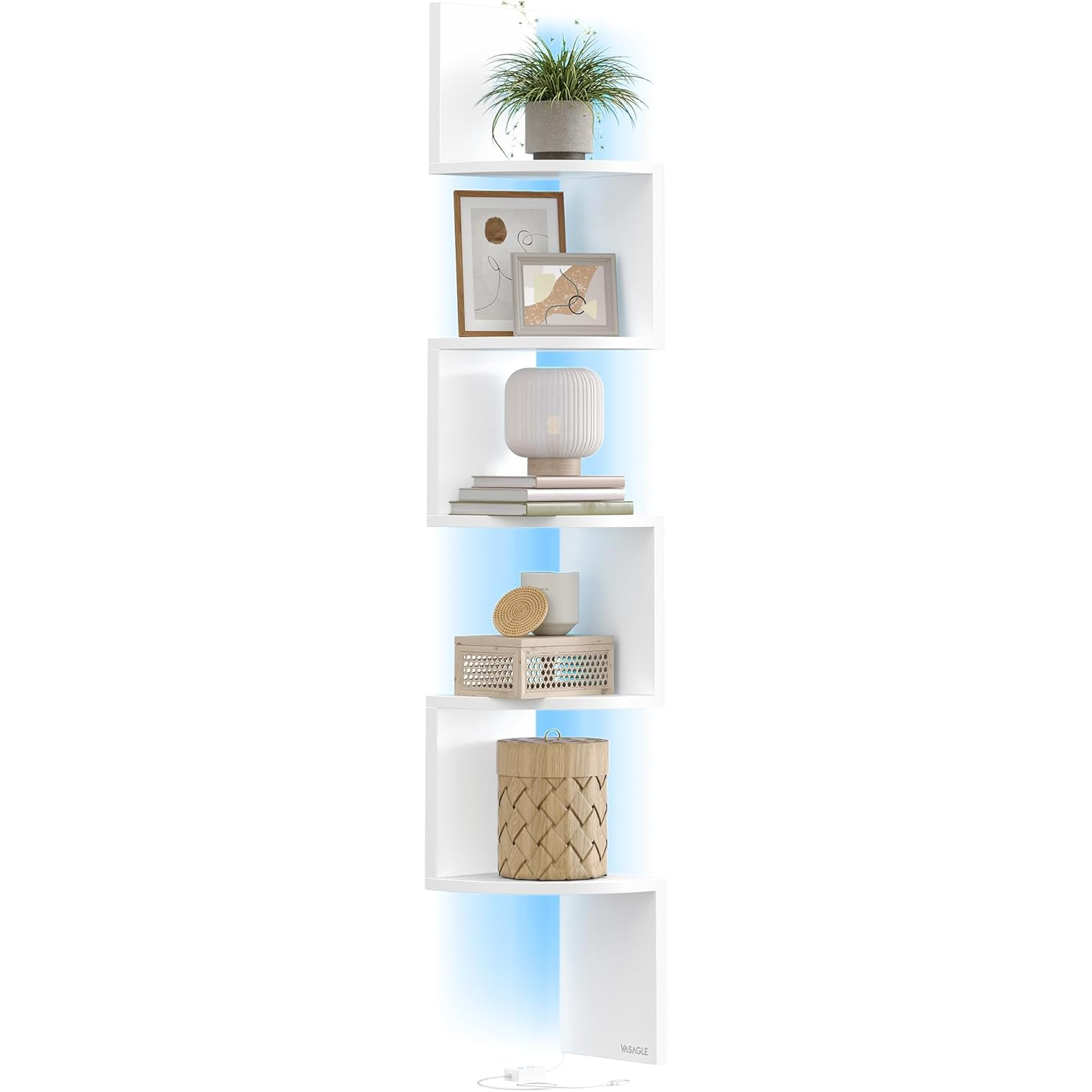 VASAGLE Raft de colt suspendat cu iluminare LED reglabila multicolor si intensitate, 5 polite tip zig-zag, 20x20x126 cm, alb - imagine 8