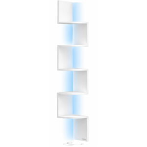 VASAGLE Raft de colt suspendat cu iluminare LED reglabila multicolor si intensitate, 5 polite tip zig-zag, 20x20x126 cm, alb