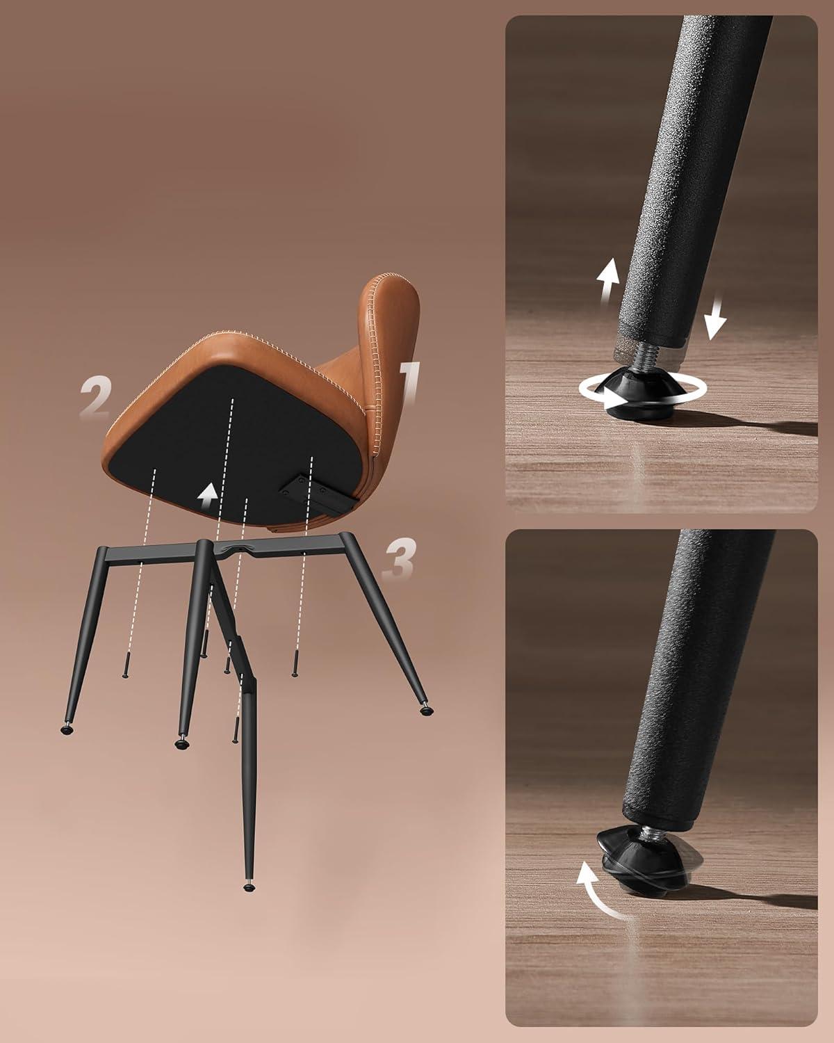 VASAGLE Set 2 scaune dining bucatarie EKHO, tapitate cu piele ecologica si picioare metalice, 55x52x81 cm, maro caramel - imagine 3