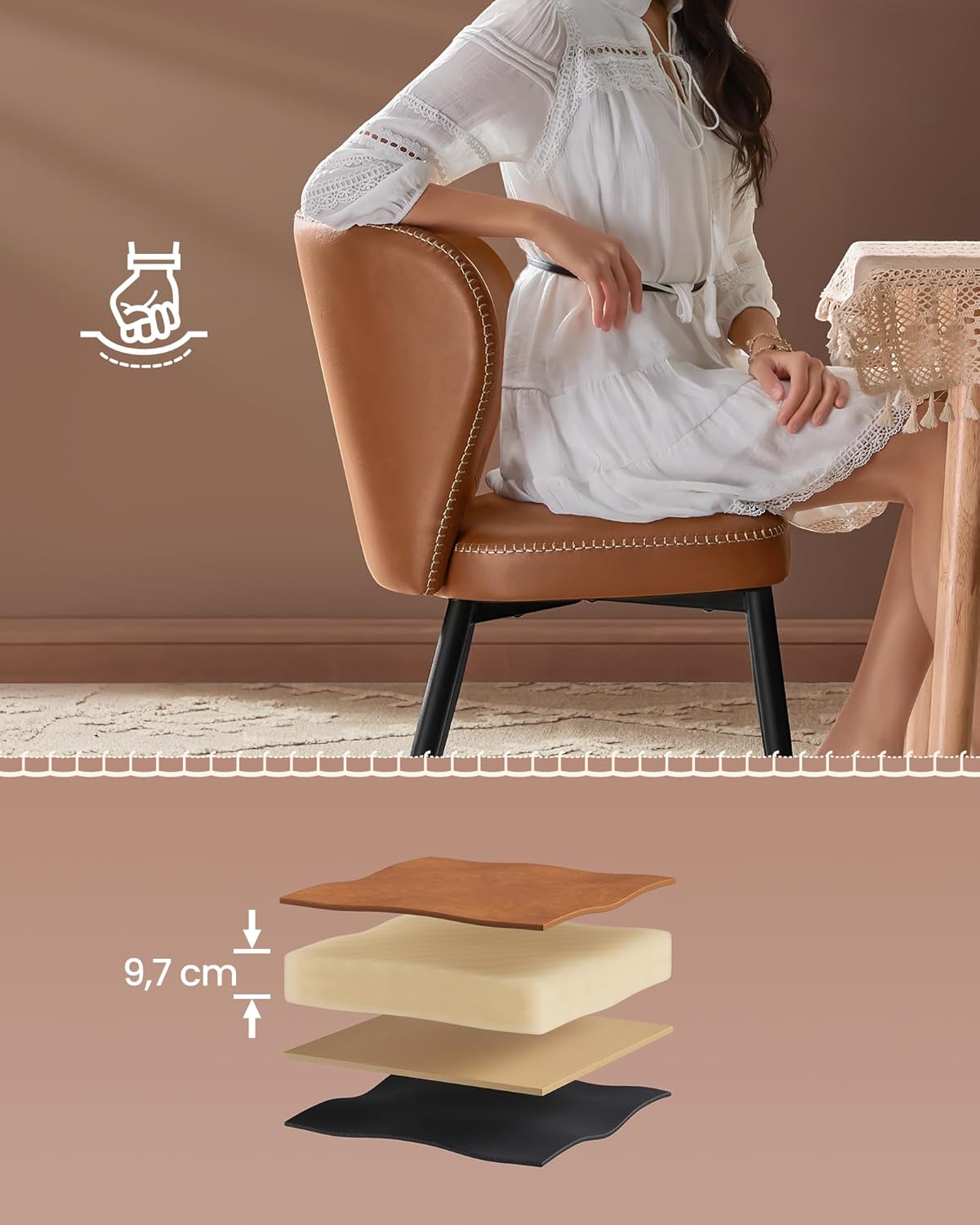 VASAGLE Set 2 scaune dining bucatarie EKHO, tapitate cu piele ecologica si picioare metalice, 55x52x81 cm, maro caramel - imagine 4