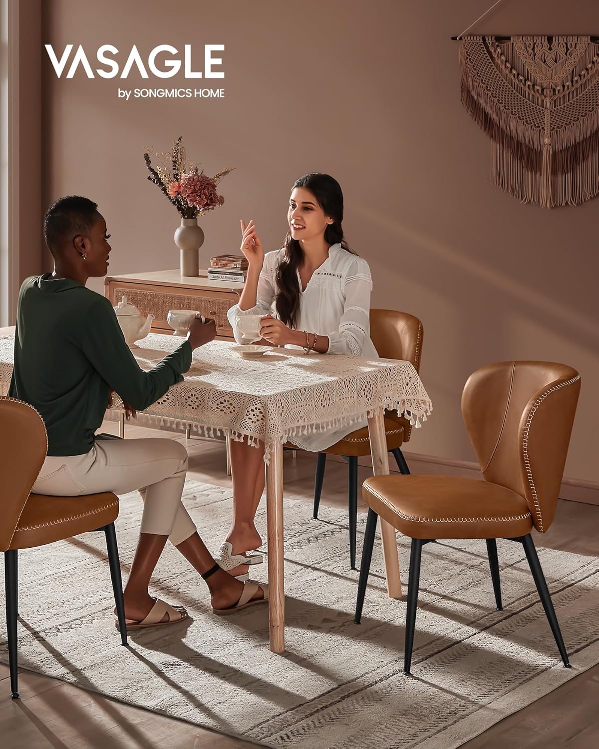 VASAGLE Set 2 scaune dining bucatarie EKHO, tapitate cu piele ecologica si picioare metalice, 55x52x81 cm, maro caramel - imagine 6