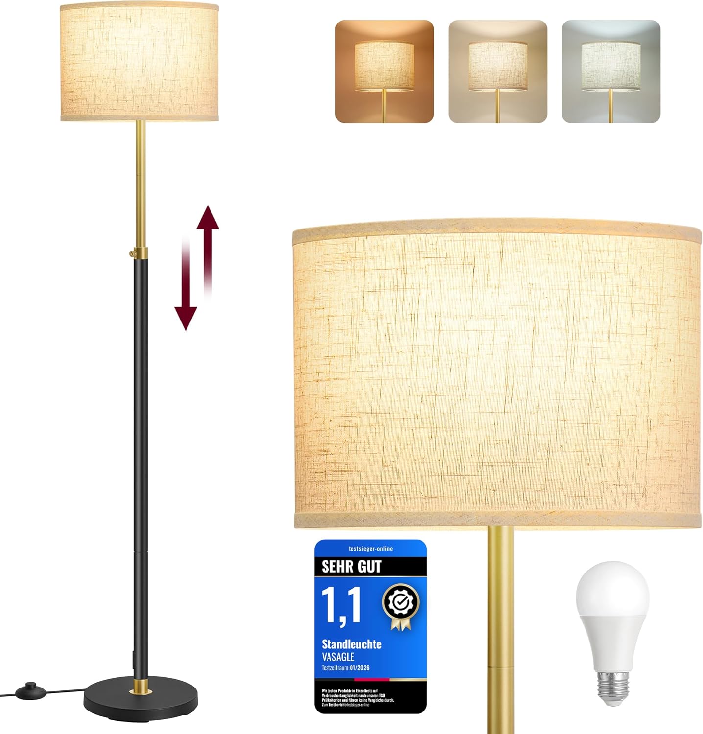 VASAGLE Lampa de podea cu inaltime reglabila 140-170 cm, bec LED de 9 W inclus, 820 lumeni, 3 temperaturi de culoare pentru lumina calda, naturala si rece, intrerupator cu pedala, 30x30x170 cm, auriu si negru - imagine 2