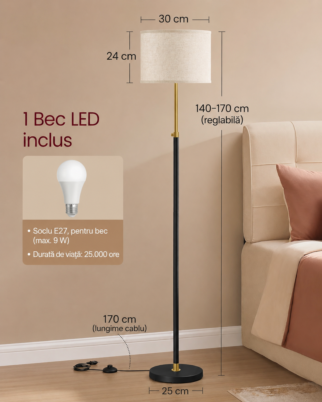 VASAGLE Lampa de podea cu inaltime reglabila 140-170 cm, bec LED de 9 W inclus, 820 lumeni, 3 temperaturi de culoare pentru lumina calda, naturala si rece, intrerupator cu pedala, 30x30x170 cm, auriu si negru - imagine 3