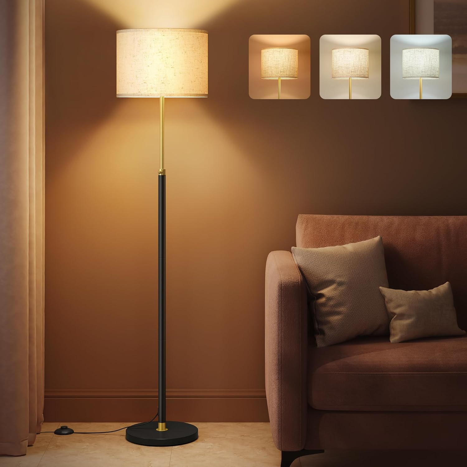 VASAGLE Lampa de podea cu inaltime reglabila 140-170 cm, bec LED de 9 W inclus, 820 lumeni, 3 temperaturi de culoare pentru lumina calda, naturala si rece, intrerupator cu pedala, 30x30x170 cm, auriu si negru
