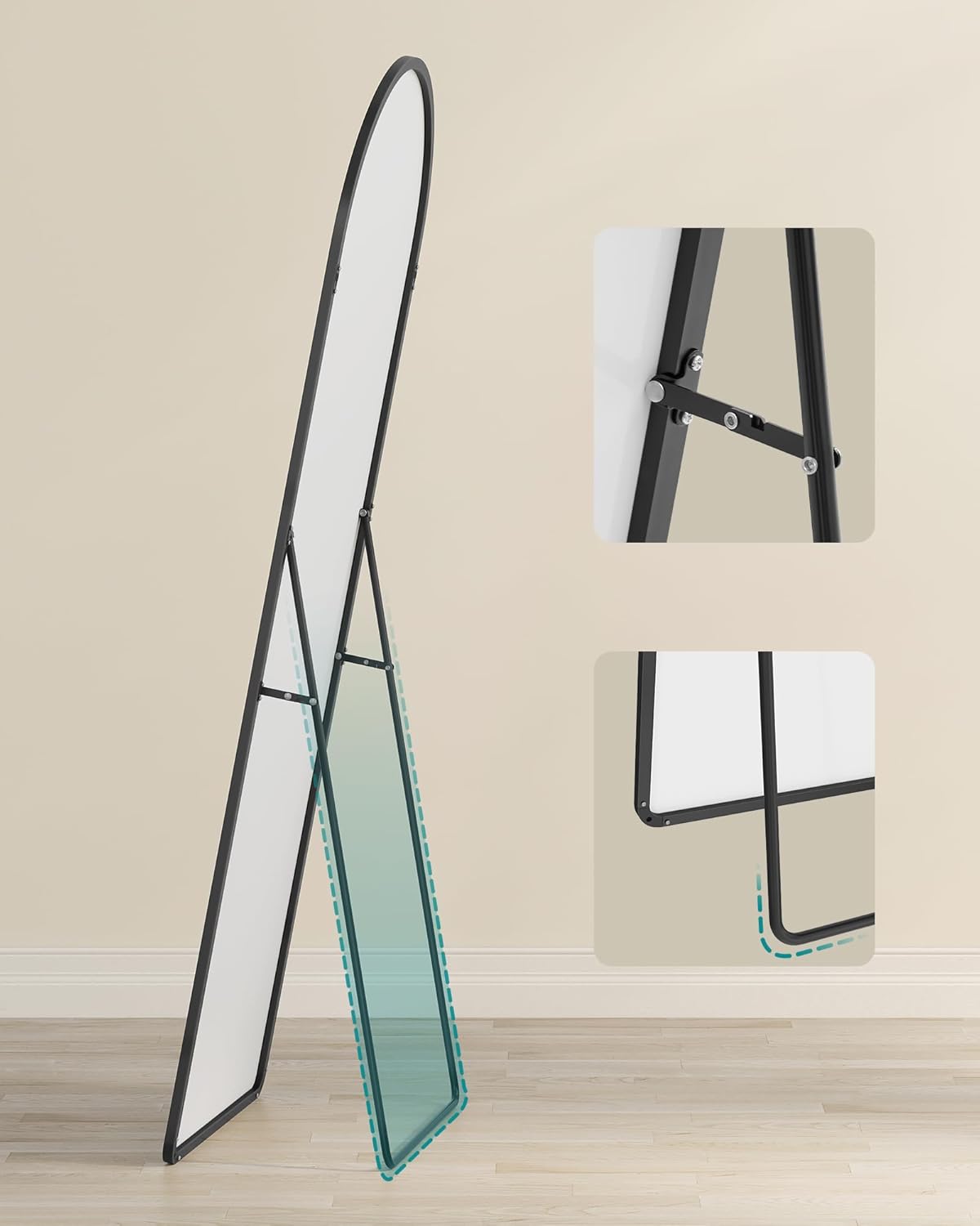 SONGMICS Oglinda mare de podea cu rama curbata, montare pe perete sau suport, sticla securizata, 160x50 cm, negru - imagine 3