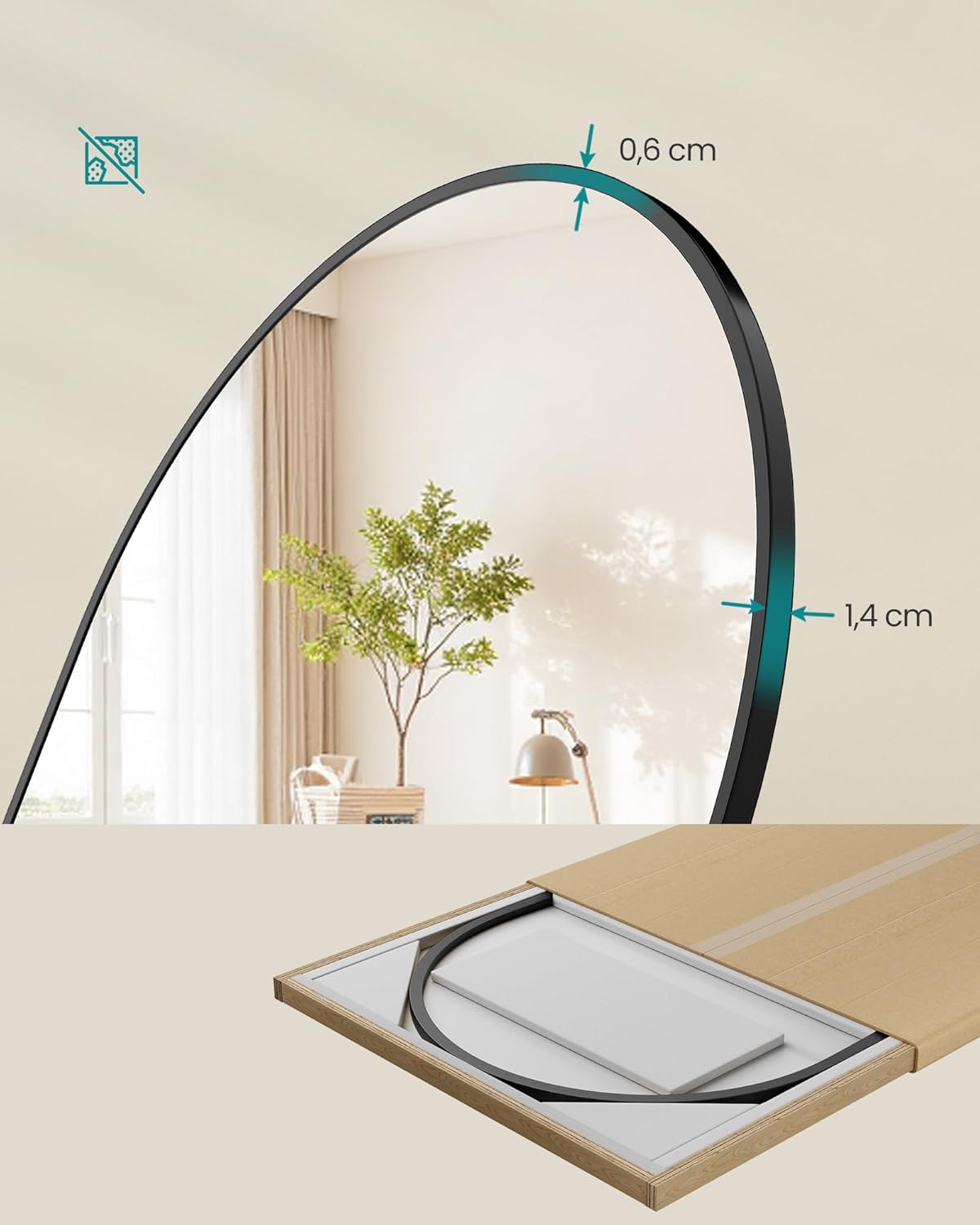 SONGMICS Oglinda mare de podea cu rama curbata, montare pe perete sau suport, sticla securizata, 160x50 cm, negru - imagine 4