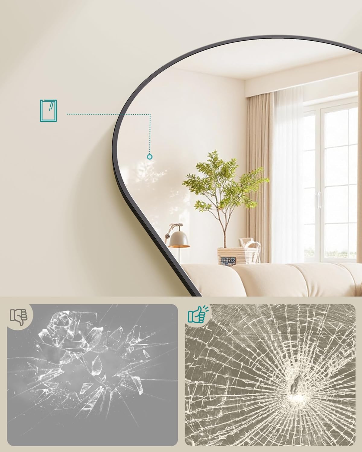 SONGMICS Oglinda mare de podea cu rama curbata, montare pe perete sau suport, sticla securizata, 160x50 cm, negru - imagine 6
