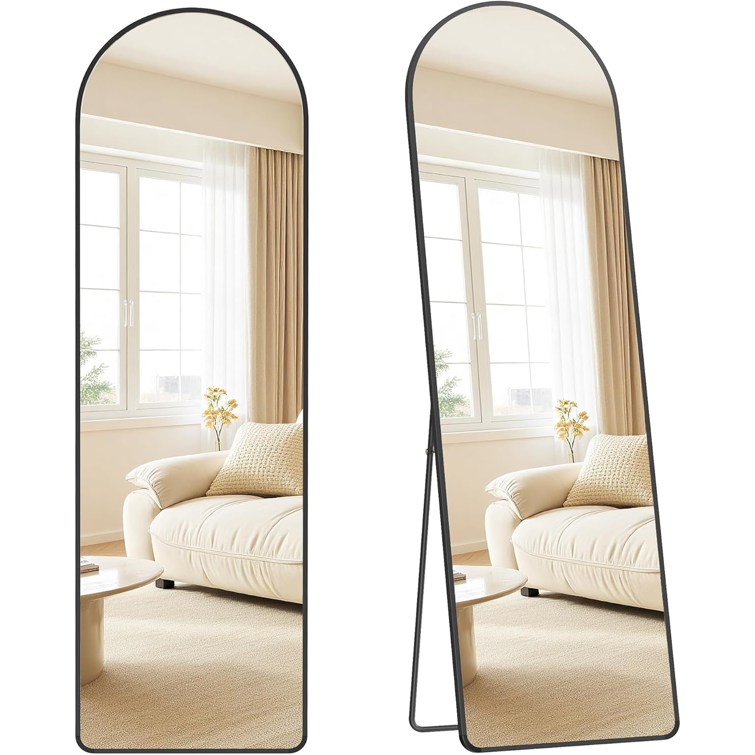 SONGMICS Oglinda mare de podea cu rama curbata, montare pe perete sau suport, sticla securizata, 160x50 cm, negru - imagine 7
