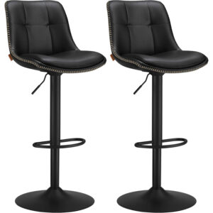 VASAGLE Set 2 scaune bar reglabile pe inaltime, rotative 360°, cu spatar si suport pentru picioare, tapiterie PU, 44x38x(90-112) cm, negru