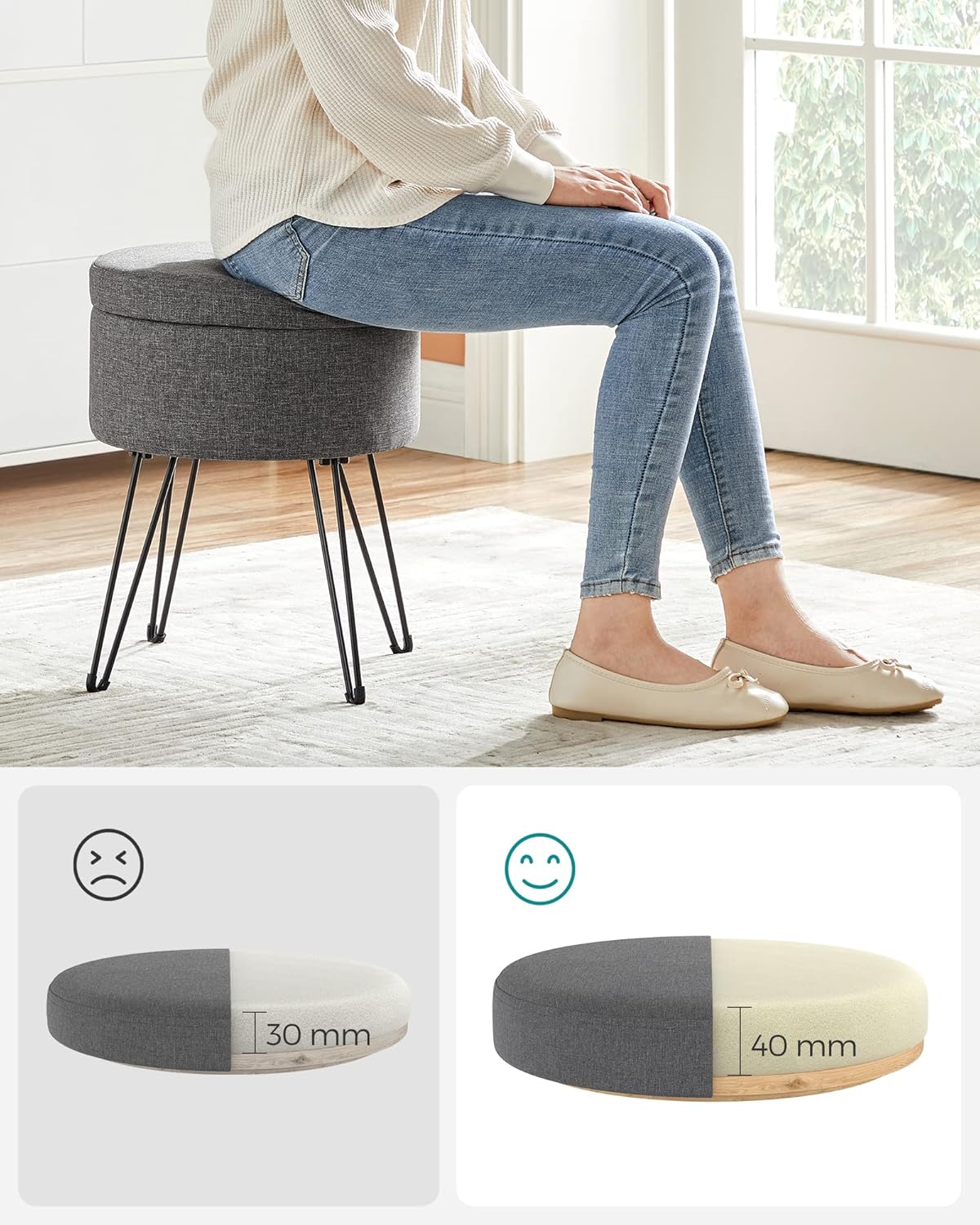 SONGMICS Taburet rotund cu spatiu de depozitare, capac reversibil, picioare metalice, 31x37x45 cm, maxim 130 kg, gri inchis - imagine 2
