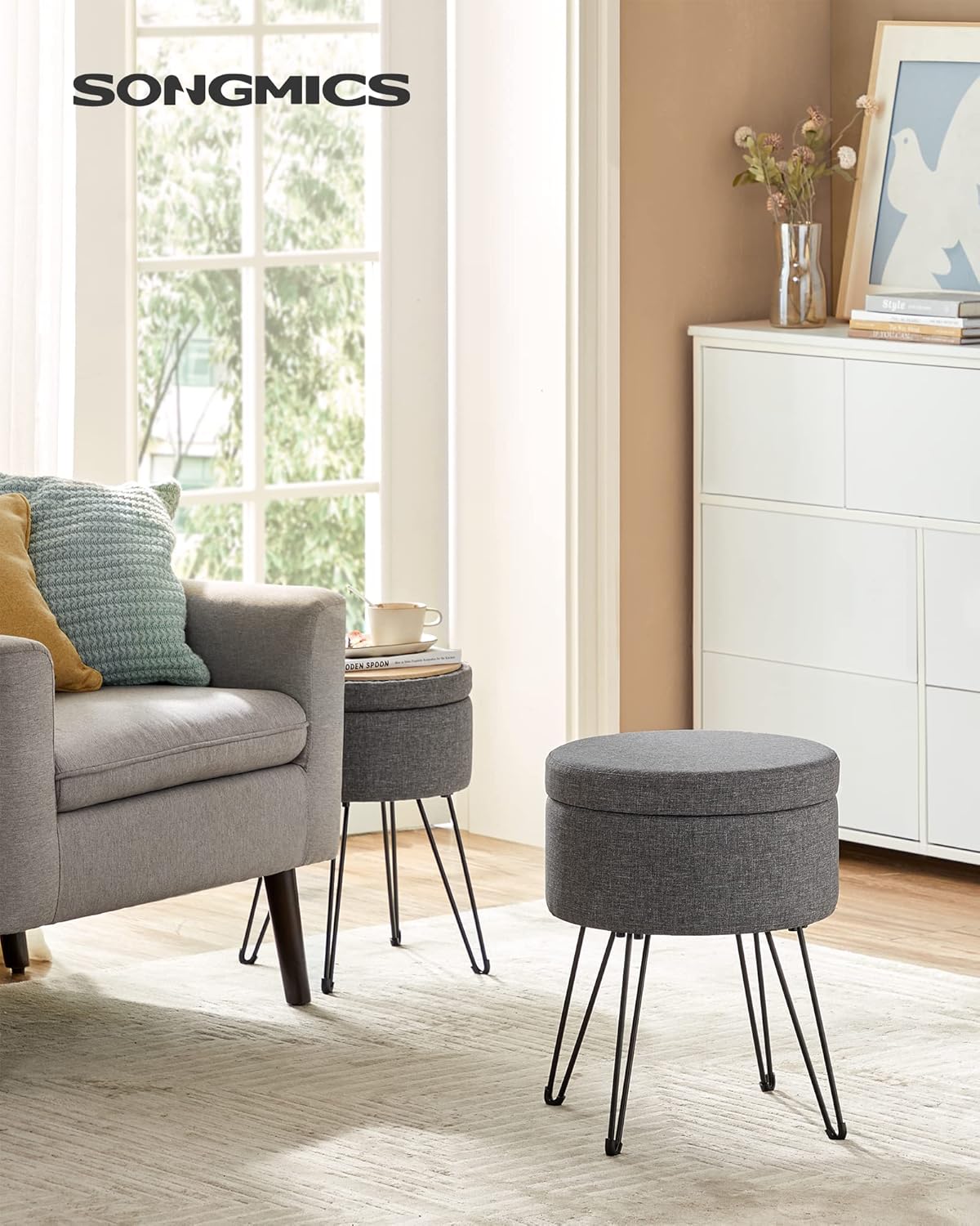 SONGMICS Taburet rotund cu spatiu de depozitare, capac reversibil, picioare metalice, 31x37x45 cm, maxim 130 kg, gri inchis - imagine 3