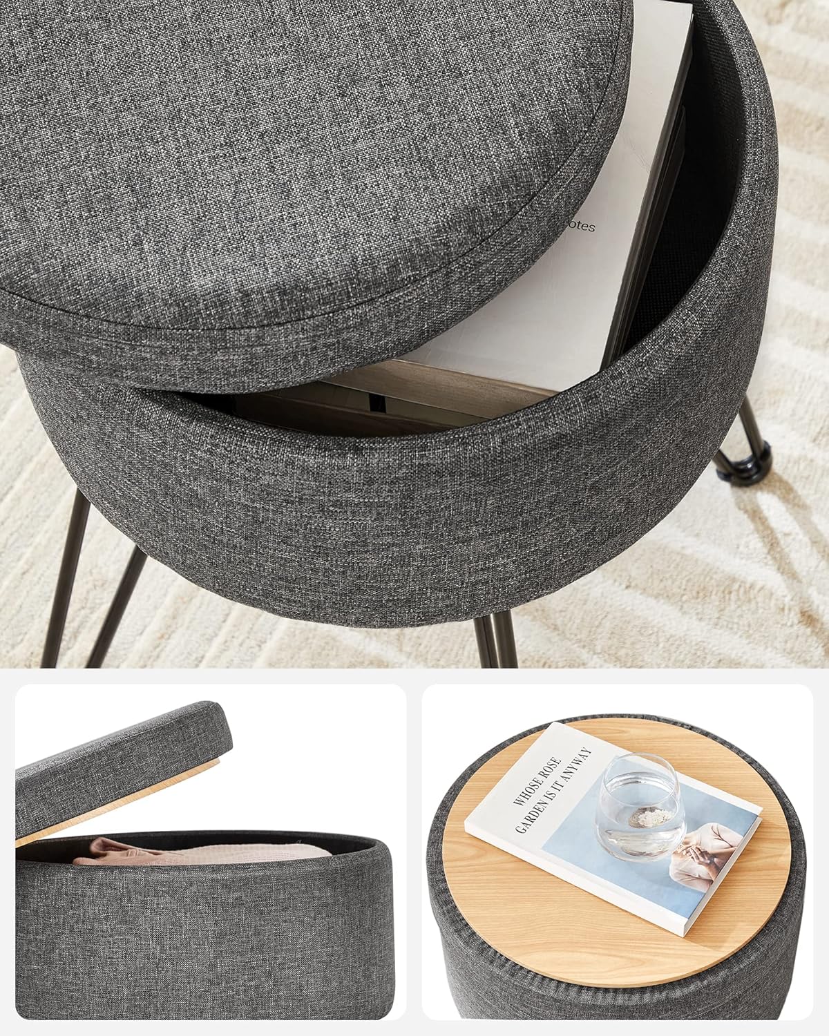 SONGMICS Taburet rotund cu spatiu de depozitare, capac reversibil, picioare metalice, 31x37x45 cm, maxim 130 kg, gri inchis - imagine 6