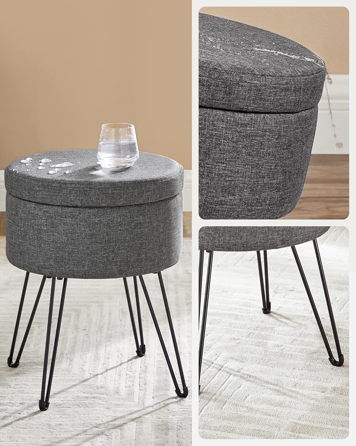 SONGMICS Taburet rotund cu spatiu de depozitare, capac reversibil, picioare metalice, 31x37x45 cm, maxim 130 kg, gri inchis - imagine 8