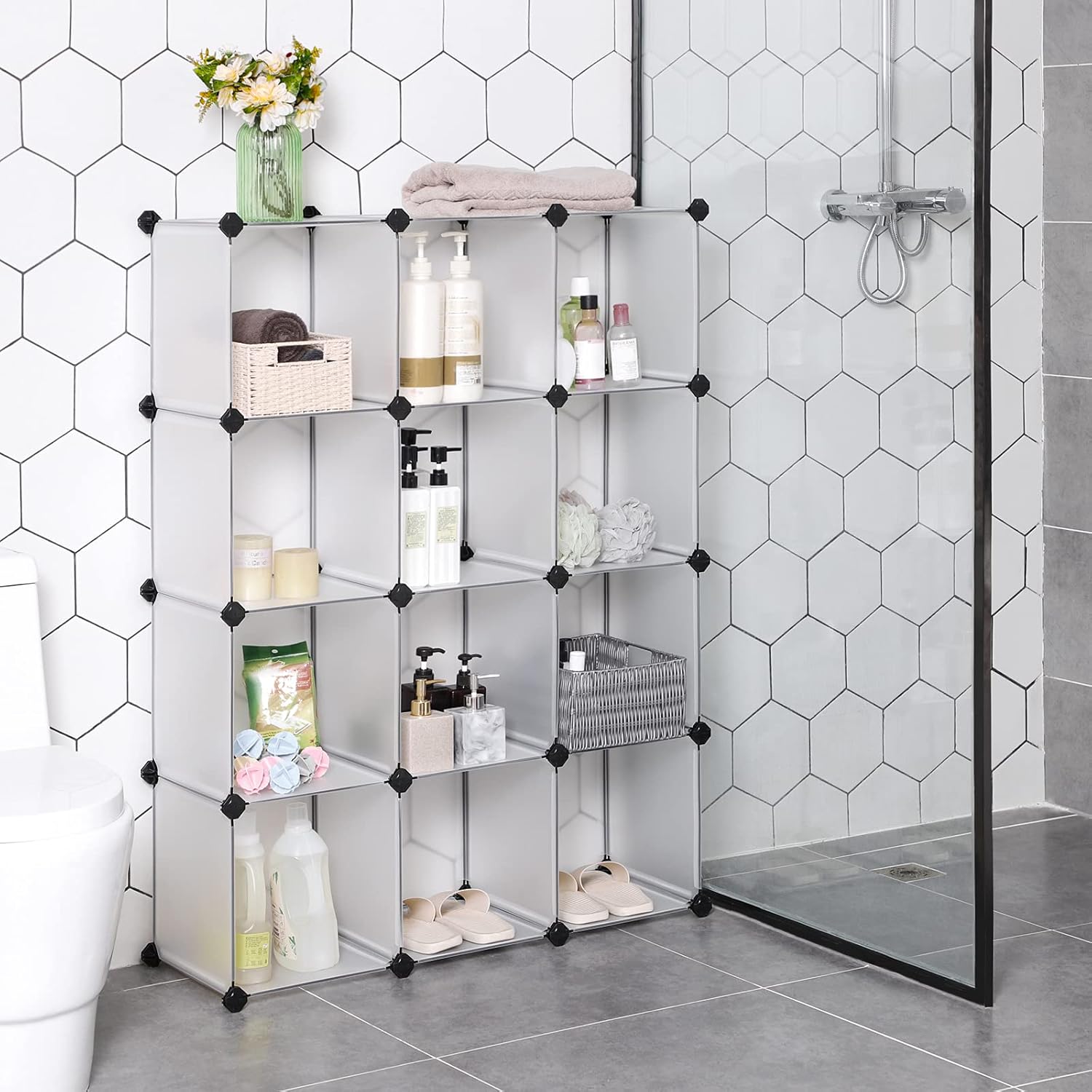 SONGMICS Biblioteca modulara cu 12 compartimente, rafturi cubice din plastic, montaj rapid, 93x31x123 cm, alb transparent - imagine 7