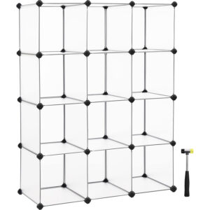 SONGMICS Biblioteca modulara cu 12 compartimente, rafturi cubice din plastic, montaj rapid, 93x31x123 cm, alb transparent