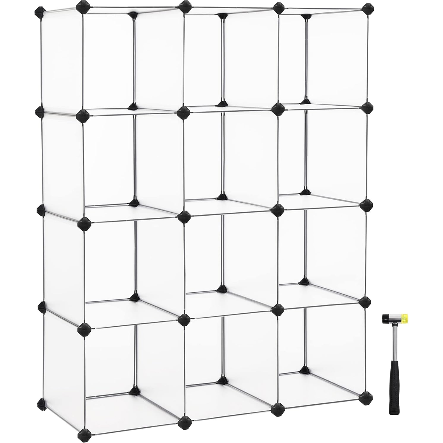 SONGMICS Biblioteca modulara cu 12 compartimente, rafturi cubice din plastic, montaj rapid, 93x31x123 cm, alb transparent