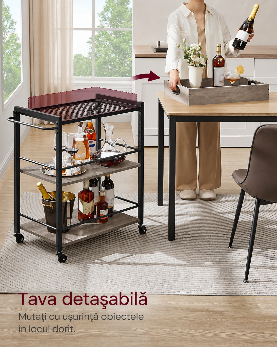 VASAGLE Carucior de servire pe roti pentru bucatarie, 3 polite, tava detasabila, stil industrial, 40x72x86cm, gri stejar - imagine 3