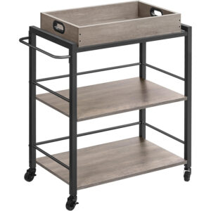 VASAGLE Carucior de servire pe roti pentru bucatarie, 3 polite, tava detasabila, stil industrial, 40x72x86cm, gri stejar