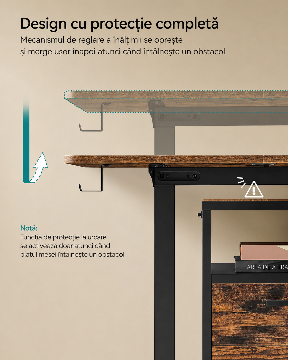 SONGMICS Birou electric reglabil pe inaltime, cadru metalic, functie memorie 4 pozitii, 160x70x(72-120) cm, maro rustic - imagine 5