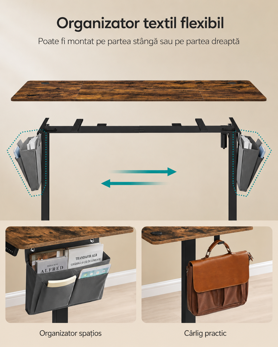 SONGMICS Birou electric reglabil pe inaltime, cadru metalic, functie memorie 4 pozitii, 160x70x(72-120) cm, maro rustic - imagine 6