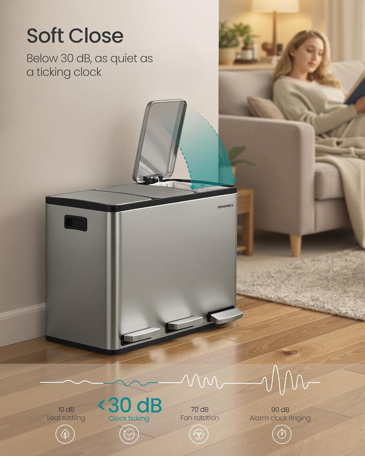 SONGMICS Cos reciclare 3 compartimente 45 L, galeti detasabile cu maner si capace soft close, inox, 46x35x62 cm, argintiu - imagine 2