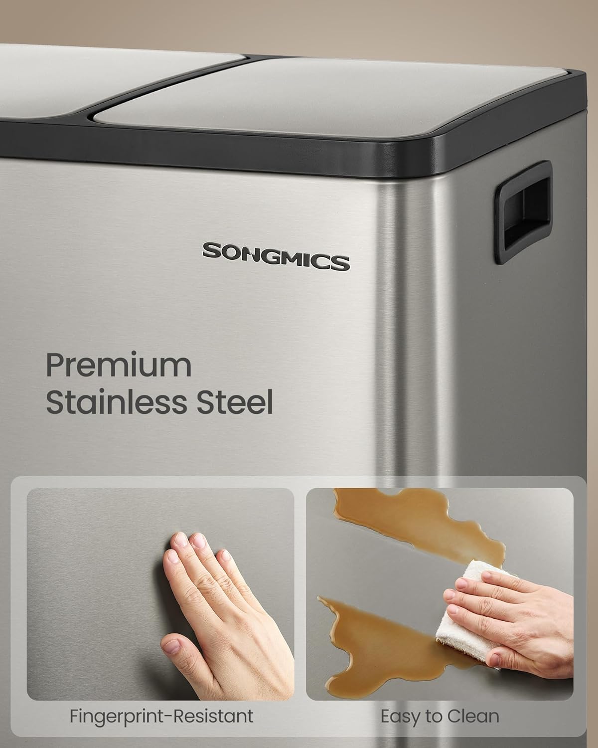 SONGMICS Cos reciclare 3 compartimente 45 L, galeti detasabile cu maner si capace soft close, inox, 46x35x62 cm, argintiu - imagine 3