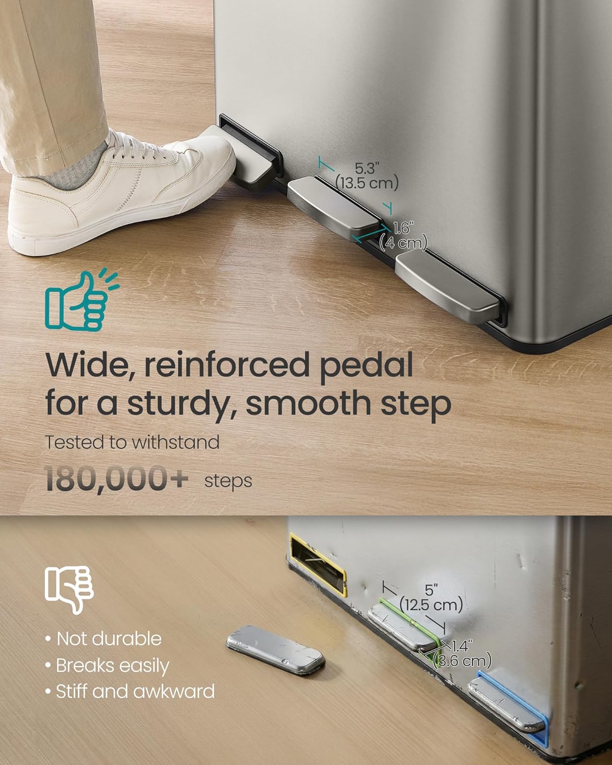 SONGMICS Cos reciclare 3 compartimente 45 L, galeti detasabile cu maner si capace soft close, inox, 46x35x62 cm, argintiu - imagine 7