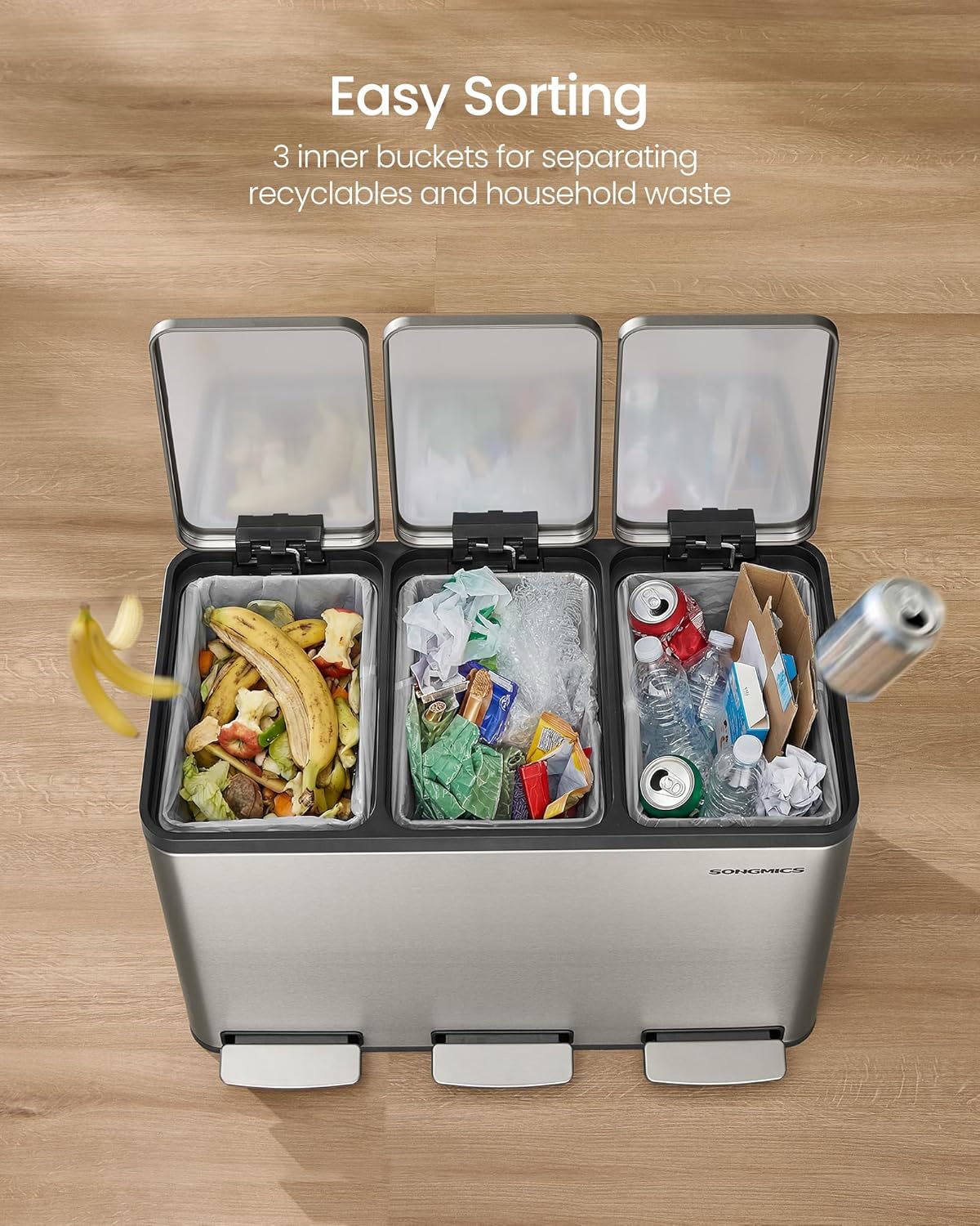 SONGMICS Cos reciclare 3 compartimente 45 L, galeti detasabile cu maner si capace soft close, inox, 46x35x62 cm, argintiu - imagine 8
