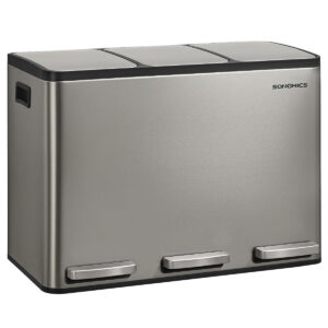 SONGMICS Cos reciclare 3 compartimente 45 L, galeti detasabile cu maner si capace soft close, inox, 46x35x62 cm, argintiu