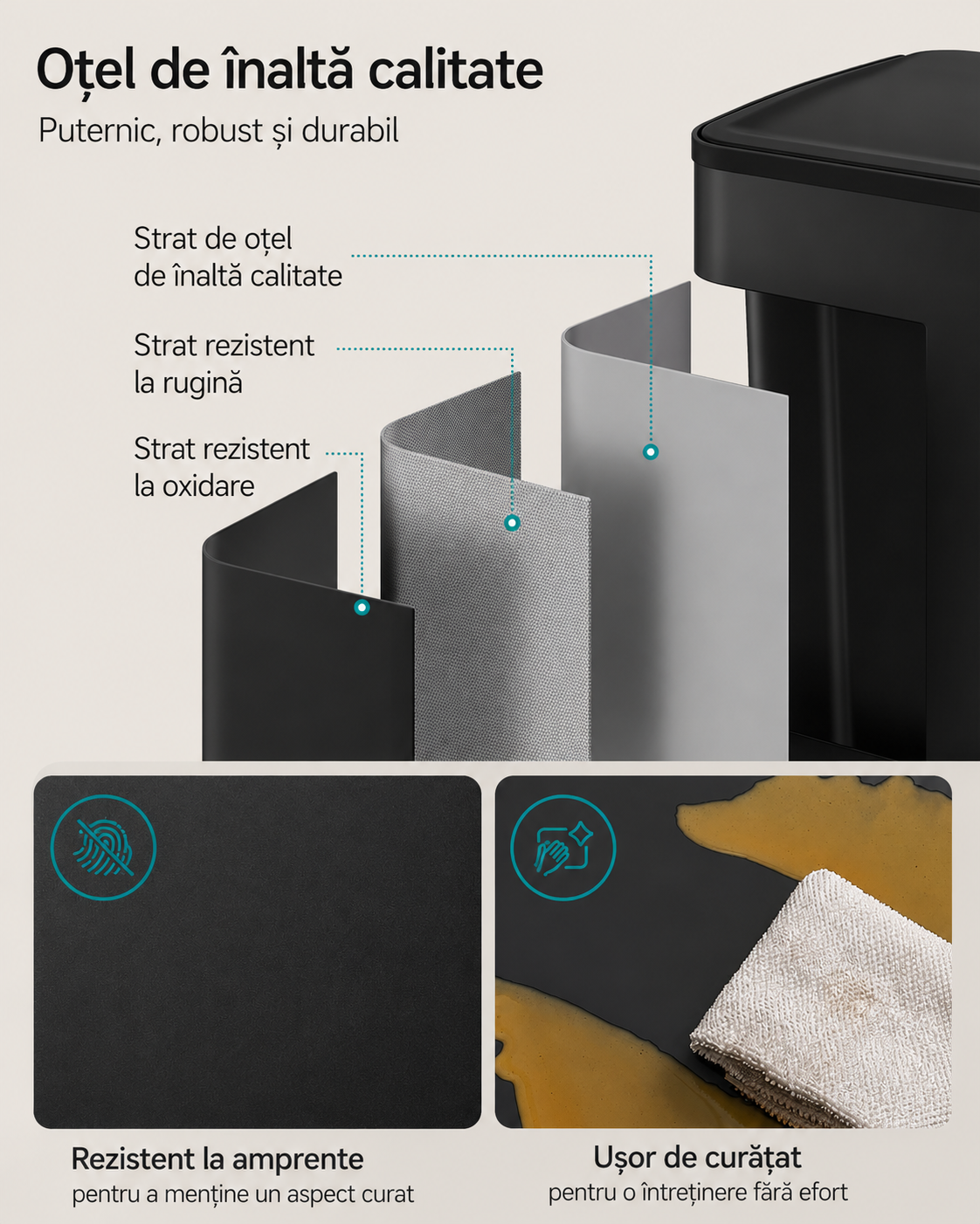 SONGMICS Cos de gunoi 2x30L, cu 2 compartimente, capac soft-close si galeti interioare, otel, negru - imagine 3