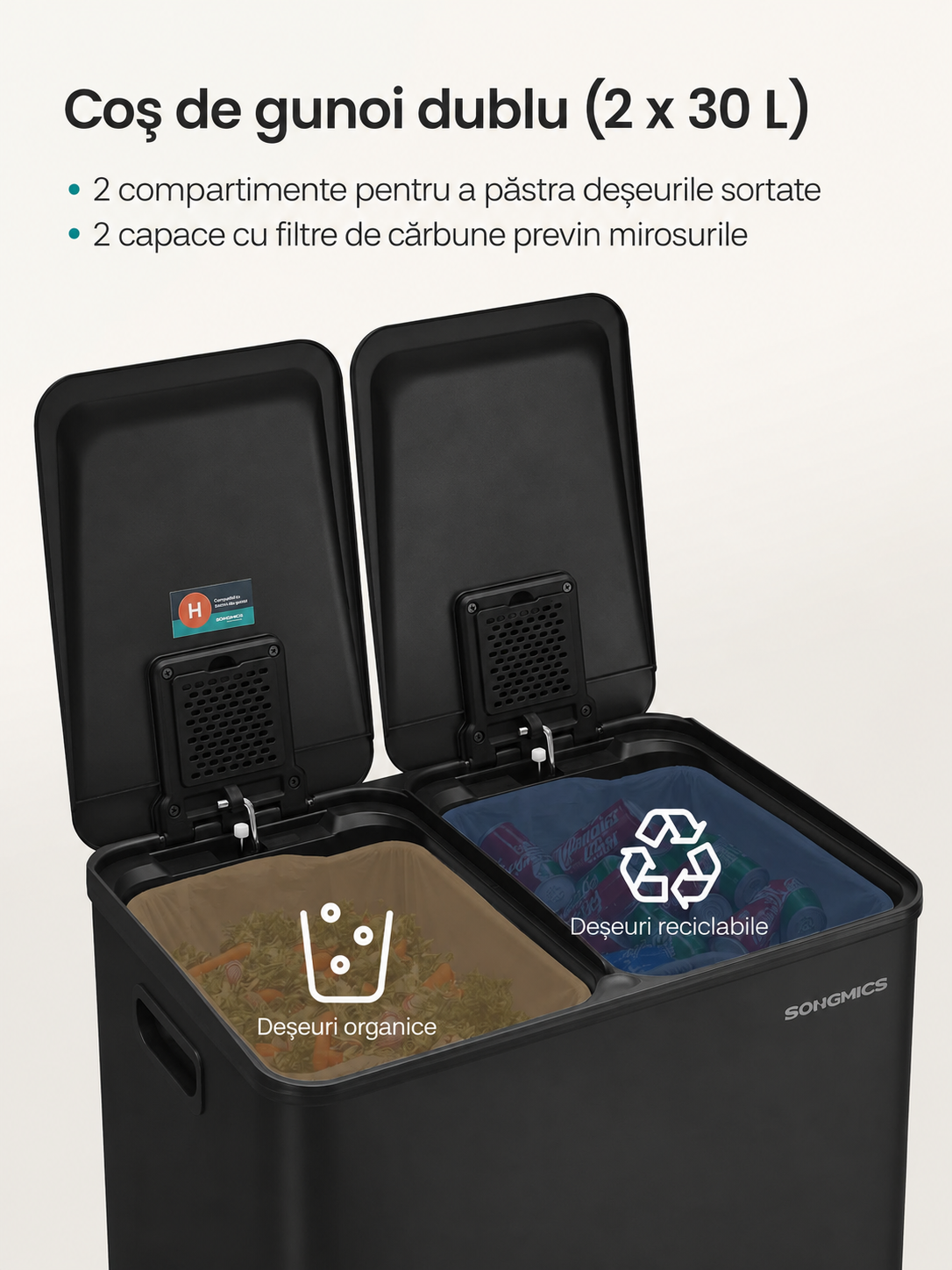 SONGMICS Cos de gunoi 2x30L, cu 2 compartimente, capac soft-close si galeti interioare, otel, negru - imagine 4