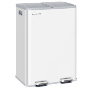 SONGMICS Cos de gunoi 2x30L, cu 2 compartimente, capac soft-close si galeti interioare, otel, alb mat